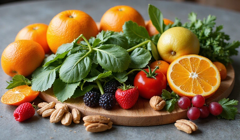 Vitamine e minerali essenziali raffigurati come frutta e verdura colorate