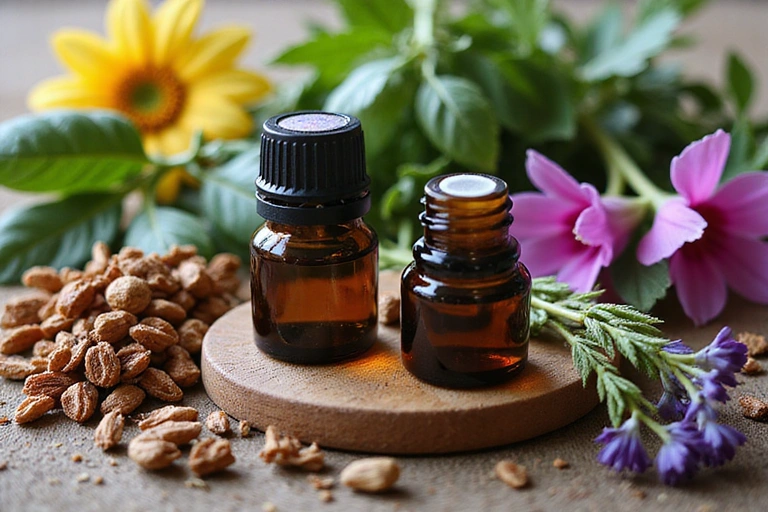 Piante aromatiche e bottiglie di olio essenziale
