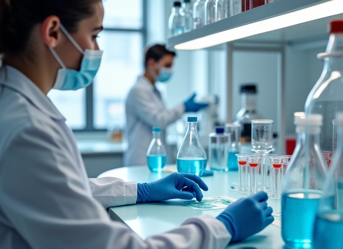 Immagine concettuale di un laboratorio di controllo qualità, con provette e strumenti di misurazione in un ambiente pulito e sterile.