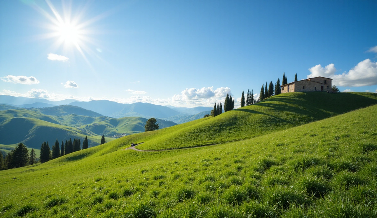 Paesaggio toscano soleggiato con campi verdi e cipressi, simbolo di natura e purezza.