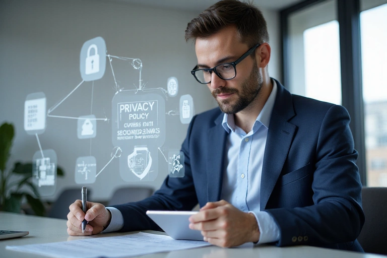 Uomo che legge un documento sulla privacy con icone di protezione dati.